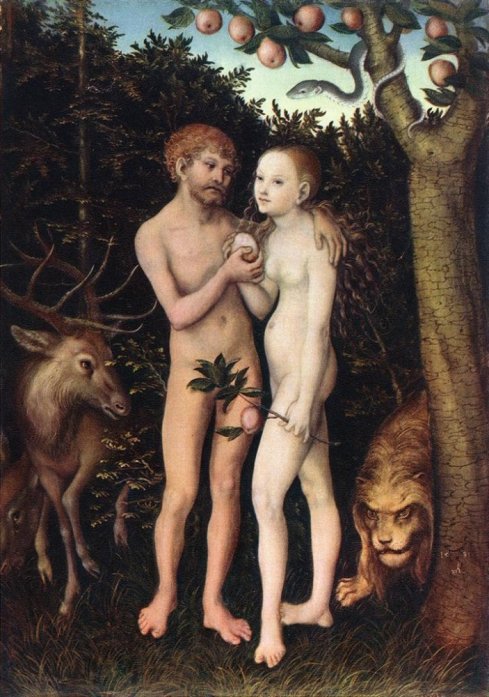 Caution: Human interaction taking place! (One of several kinds of interaction these humans engaged in…note Cain and Abel, for example…) Lucas Cranach the Elder painted Adam and Eve a number of times. This one is in the Gemäldegalerie der Staatlichen Museen, Berlin, and can be found on numerous Internet sites.  